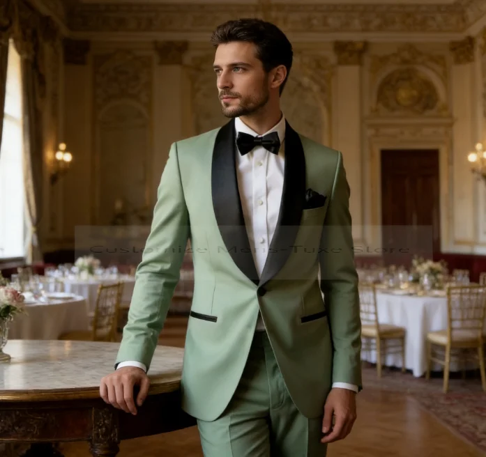 

Black Lapel Mint Green Formal Business Men Suit Groom Groomsman Wedding Party Prom Male Tuxedos 2 Piece Set Blazer Pants