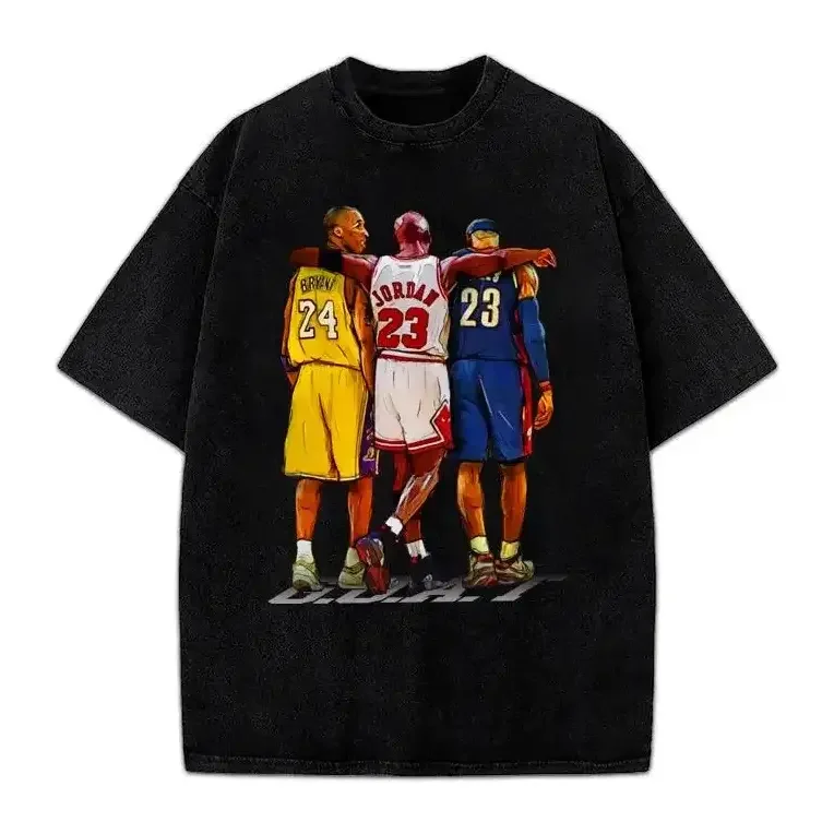Men's Basketball Legends Vintage Graphic Tee - Retro Sports Streetwear, Retro Look, Minimalist Cut, Casual Tee, Breathable Cotton Crewneck, 3 GOAT Tribute Illustrated Short-Sleeve