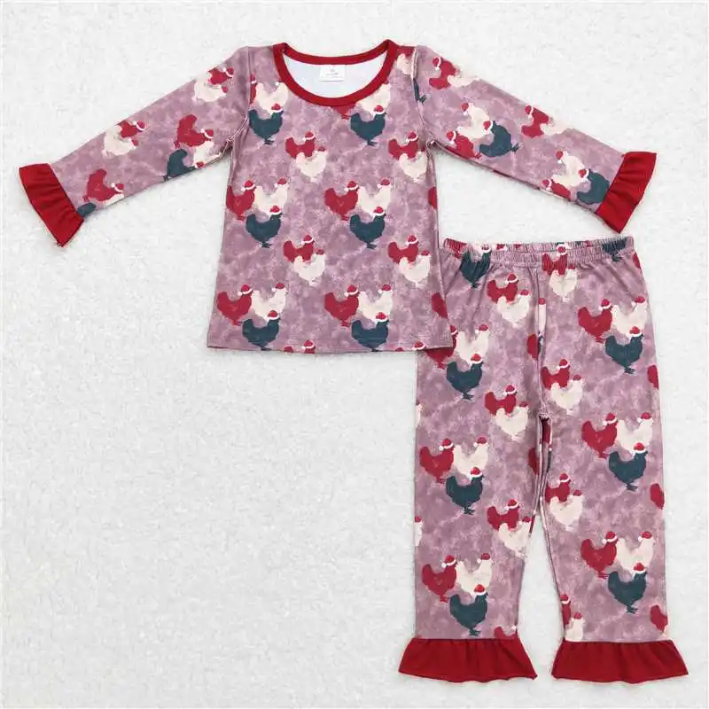 GLP0848Kids Girls Autumn Outfit  Sets Long  Sleeves Top Christmas Hat Chick Lace Red Brown Print  With Trousers Children Clothes