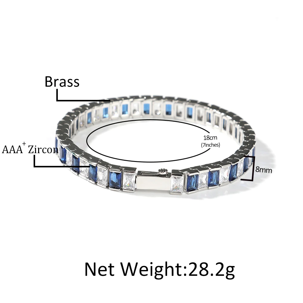 THE BLING KING 8mm Baguettecz Bracelet Mix Blue White Stones Spring Clasp Bracelet Iced Out Cubic Zirconia Luxury Jewelry