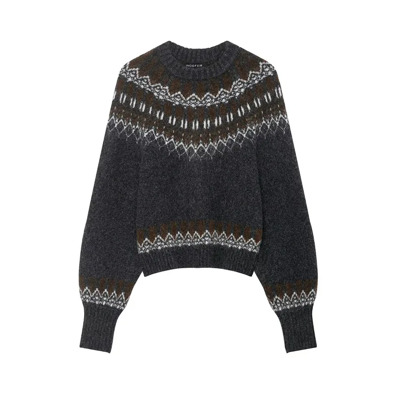 

French retro women's jacquard knit thick warm pullover sweater, fashionable autumn and winter retro style
