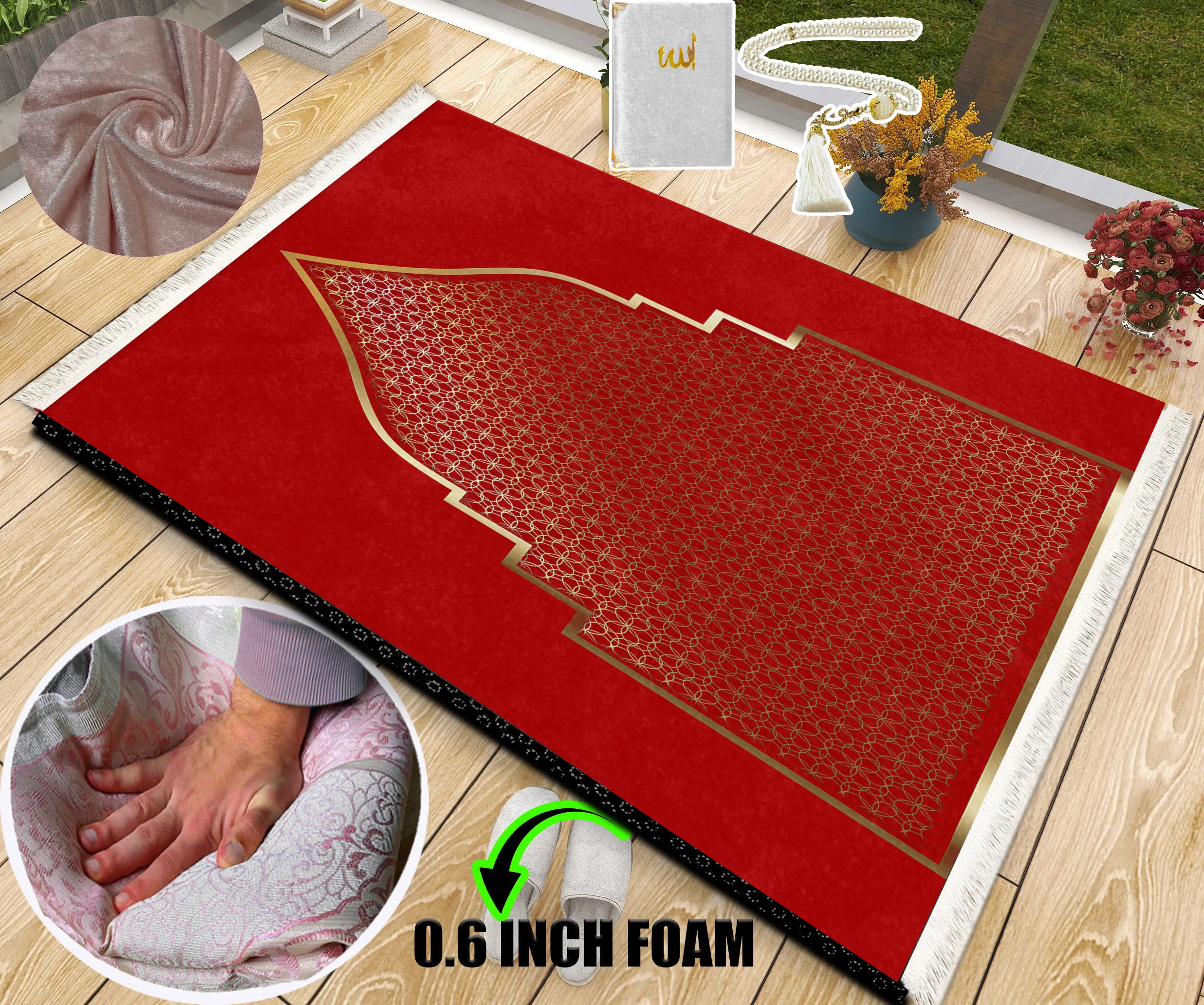 

Extra Thick Foam Padded Turkish Red Gold Prayer Rug With Luxury Yaseen, Soft Praying Mat Carpet & Pearl Tasbeeh, İslamic