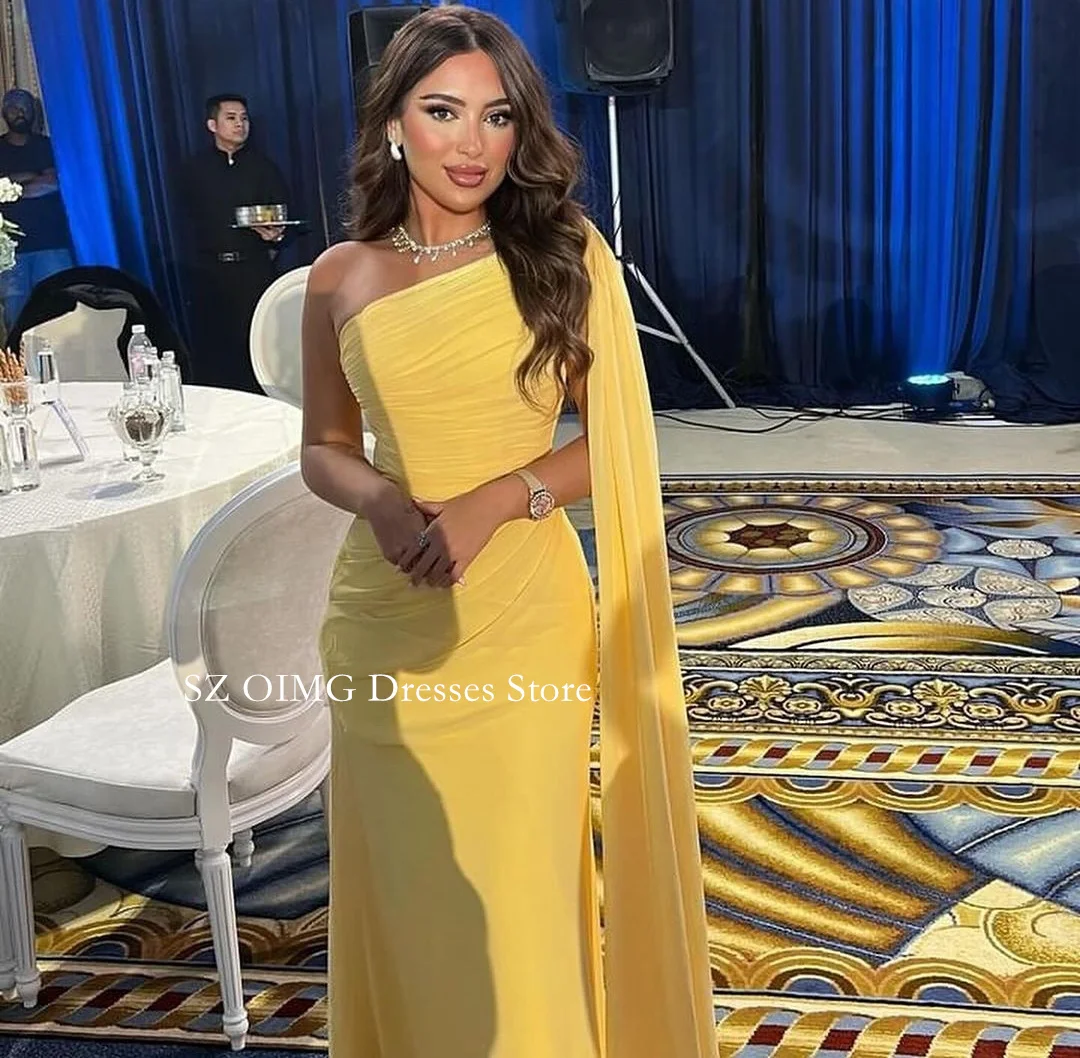 OIMG Dubai Mordern One Shoulder Sleevesless Ruched Prom Dresses Evening Dress Yellow Women Evening Gowns Formal Party Dress