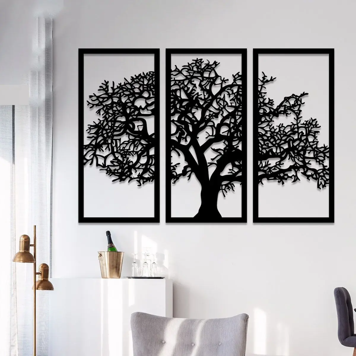 Triple Tree Table Wall Room Home Accessory Wood Wall Art Wooden Table 73x50cm Home Office Living Room Bedroom Kitchen