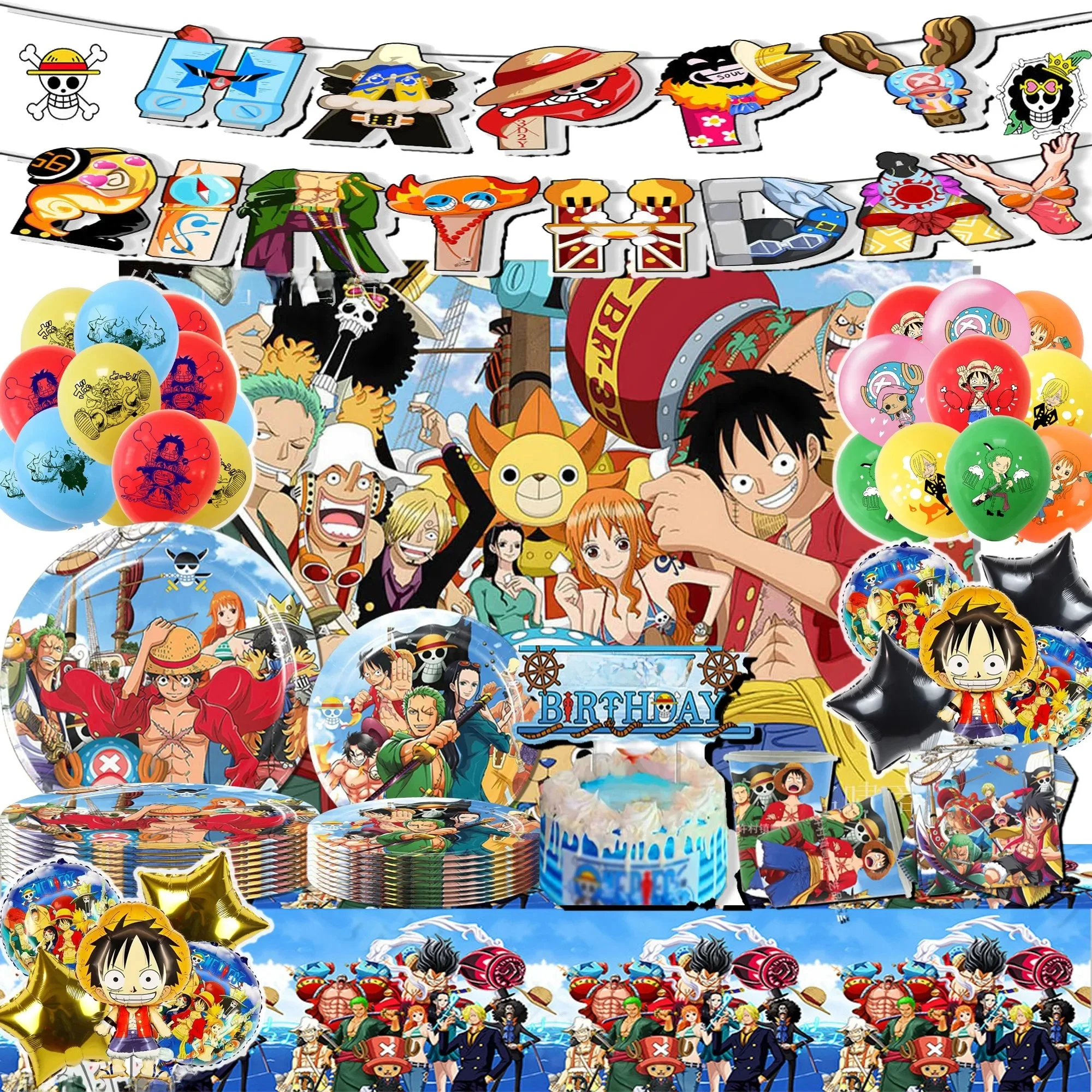 Couverts de fête d'anniversaire une pièce, bannière jetable, garniture de gâteau, drapeau suspendu, ballons Luffy, décorations d'anniversaire