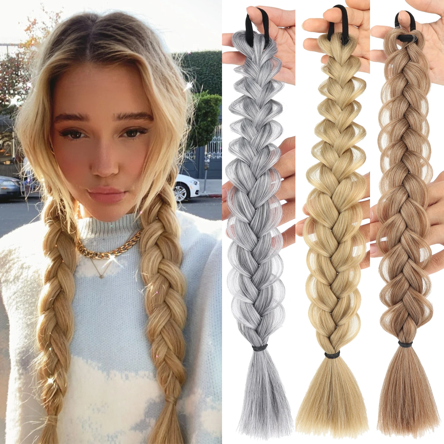 Synthetic Braided Ponytail Extension With Elactic Rubber Band Blonde Brown 18Inch Handmade Braids Pony Tail Hairpiece for Women