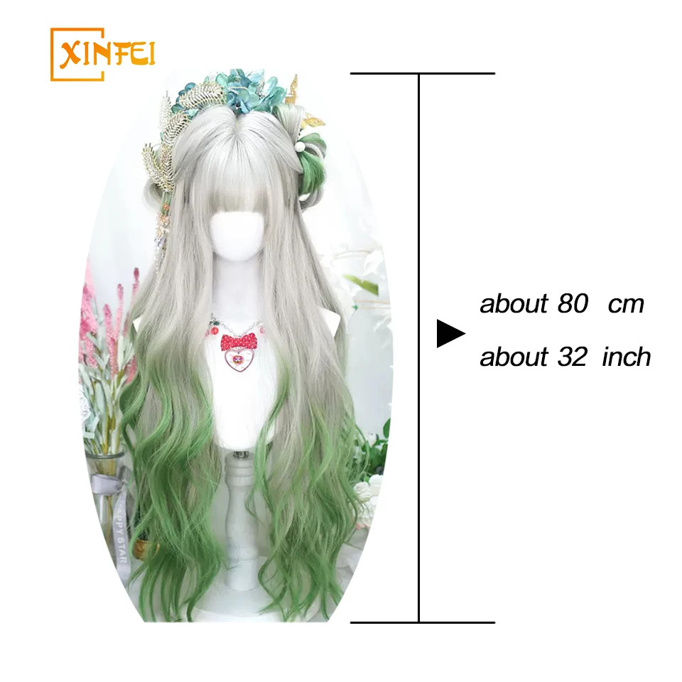 32INCH Long Wavy Ombre Moonlight Gray Dyed Lemon Synthetic Cosplay Lolita Harajuku Wig With Bangs Wavy Anime Wigs For Women