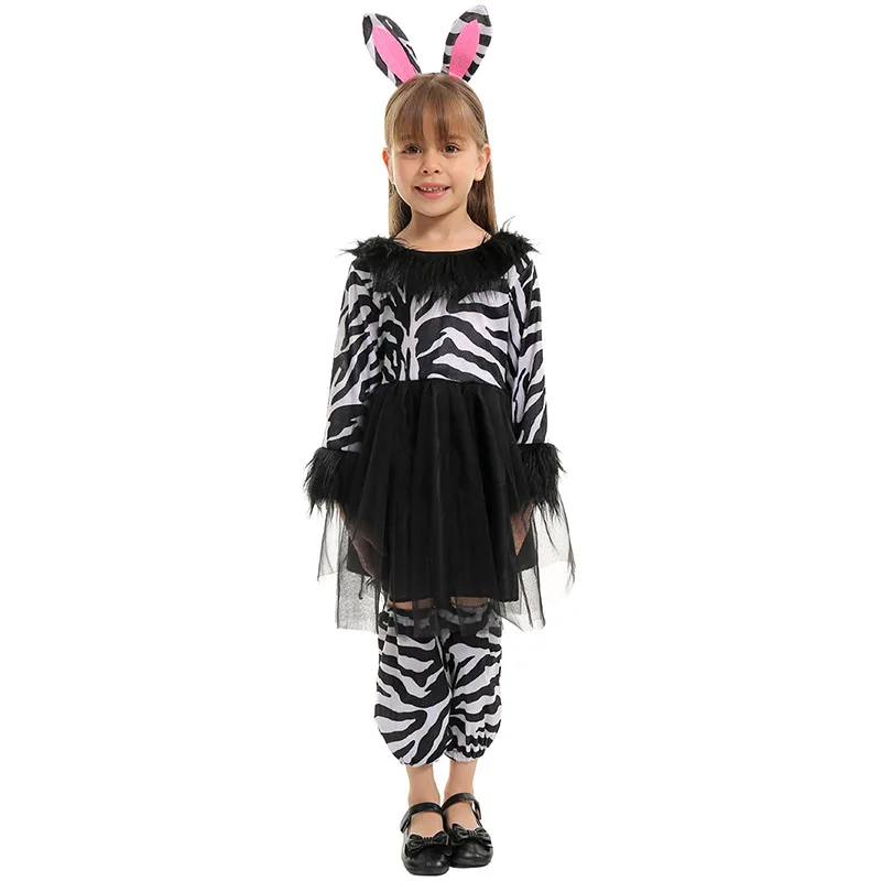 Costume da piccola Zebra per bambina abiti da animale festa con fascia per l'orecchio manica per gamba vestito da Tutu da ragazza Cosplay di Halloween