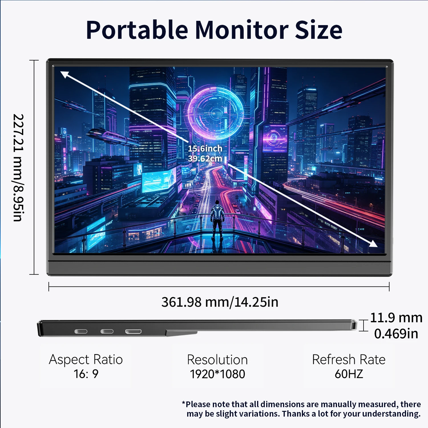 15.6 Inch 60Hz Gaming Portable Monitor, 16:9 Aspect Ratio 1080P FHD IPS Display, Ultra Thin Lightweight External Secondary Screen, Widely Compatible with Laptops, Desktop PCs and Smartphones