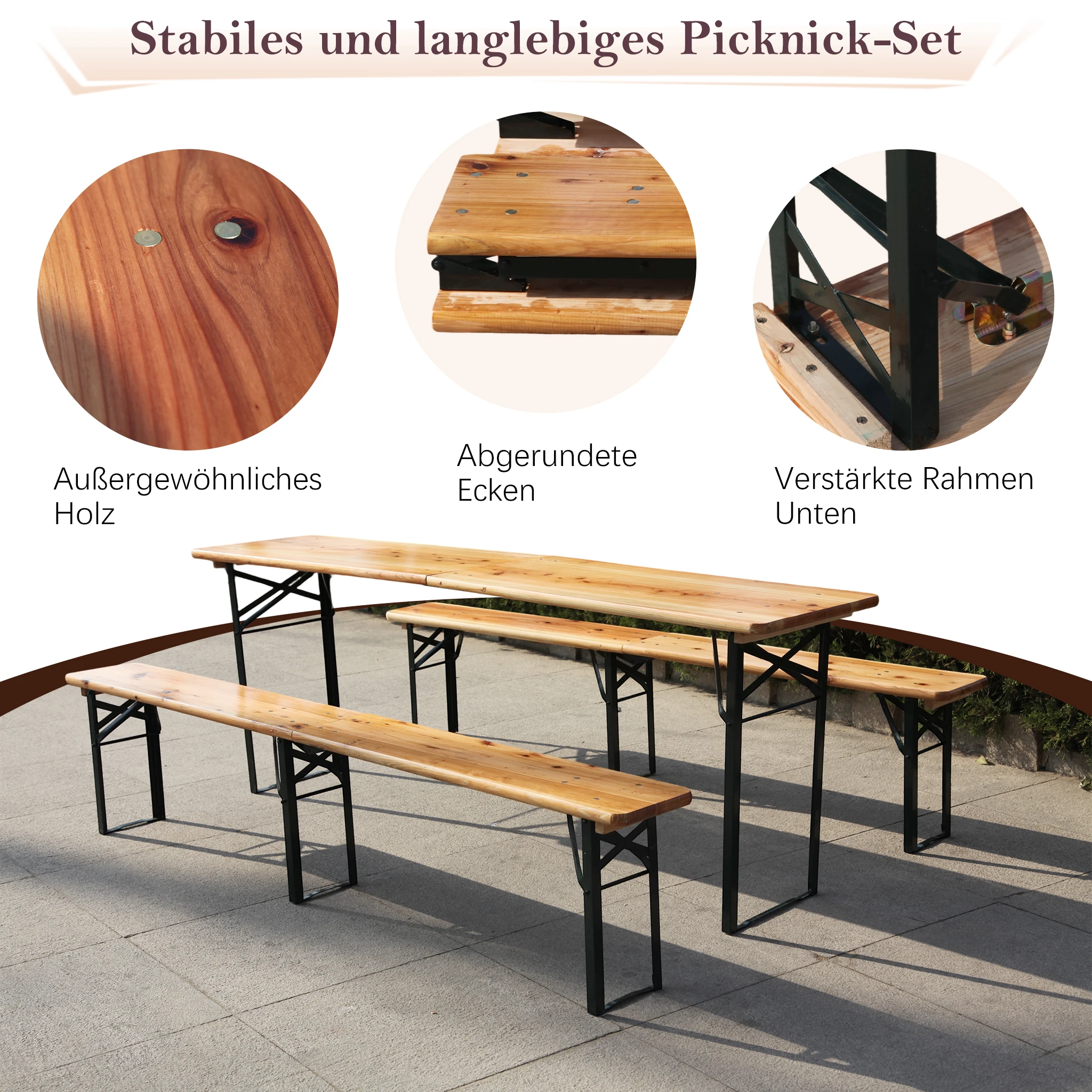 Conjunto de Mesa Plegable de Madera para Cerveza con 2 Bancos, Juego de Mesa de Picnic de 3 Piezas Resistente a la Intemperie para Jardín, Patio, Balcón y Festivales
