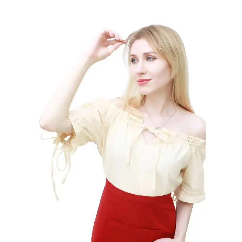 DAZCOS Ruffle Off Shoulder Blouse Lace Up Sleeve Peasant Tops Renaissance Medieval Pirate Tank Shorts 2023 Summer Short Shirt