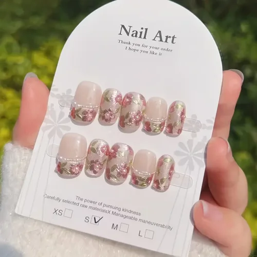 Imagen 2 del producto 10 Uds. De uñas postizas hechas a mano con forma de ojo de gato de hielo acrílico, almendra corta/media, espejo 3D, decoración de perlas de flores, arte de uñas francés desnudo