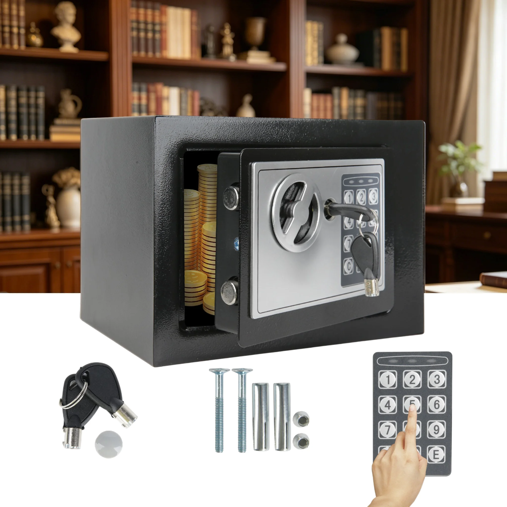 Coffre-fort numérique compact 4,6 L, coffre-fort de sécurité à clavier électronique, fonction de suppression d'urgence, fixation murale pour la maison, le bureau, les bijoux et les passeports