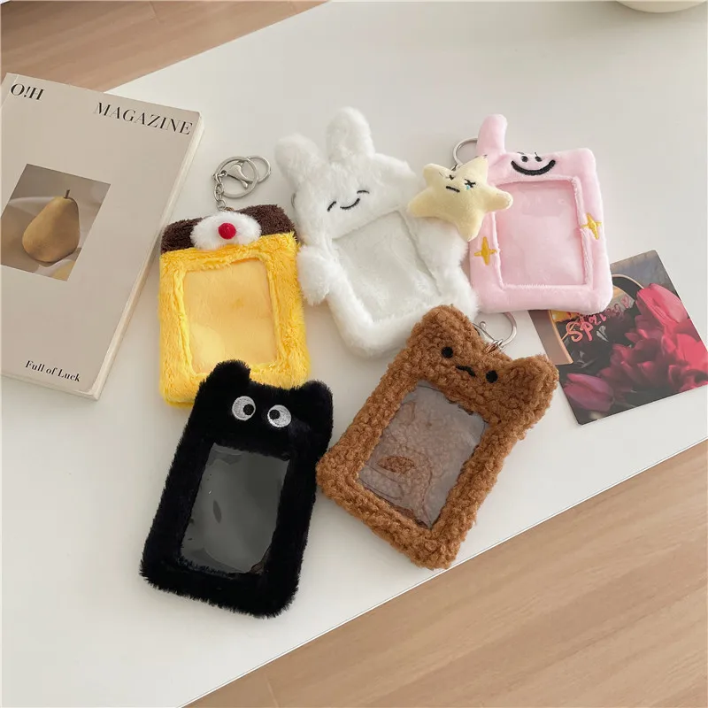 13CM Animal Plush Card Holder Keychain Kawaii Student ID Bus Cards Protective Case Idol Photo Display Keyring Bag Pendant Decor