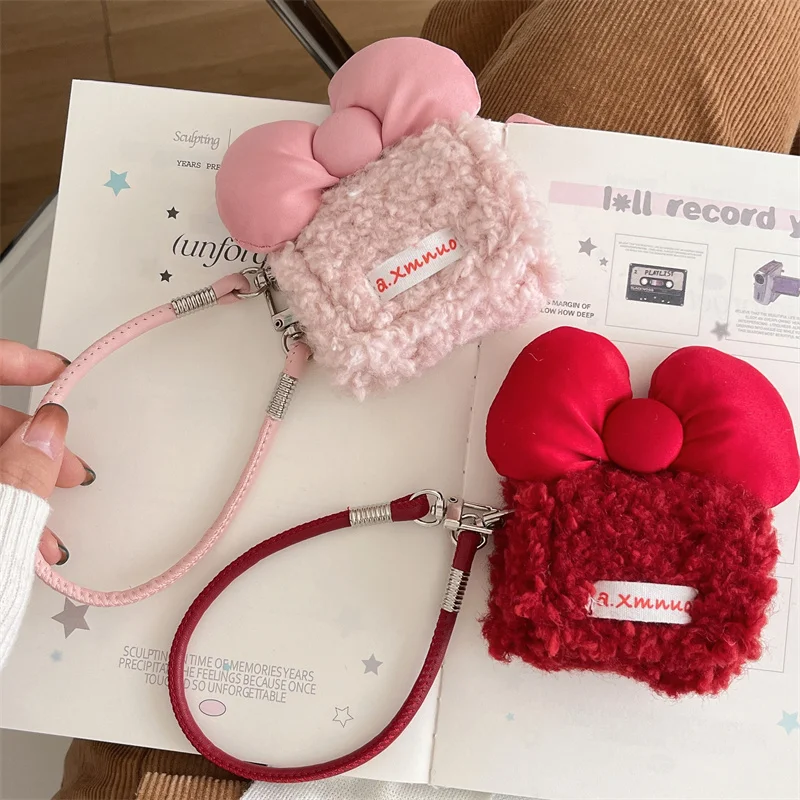 Cute Bow Plush Earphone Case For Apple Airpods 4 3 2 Cover with Hand Strap Kawaii Fluffy Headphone Charging Cases For Airpod Pro