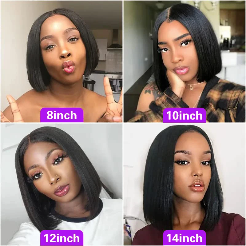 Perucas Lace Front Bob para mulheres negras, cabelo humano, perucas curtas e retas, pré arrancadas com cabelo de bebê, parte lateral, densidade de 200%, 1B, 13x4