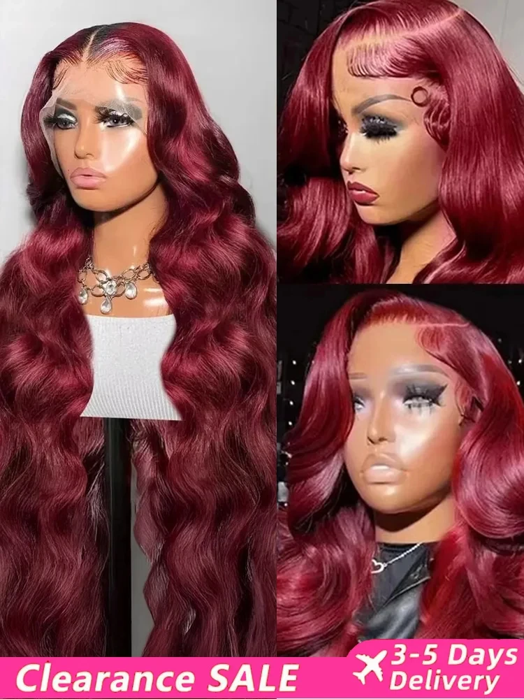 Wig Rambut Asli Burgundy 34 Inci 99J dengan Lace Front, Pre Plucked 13x6 HD Transparan, Model Body Wave