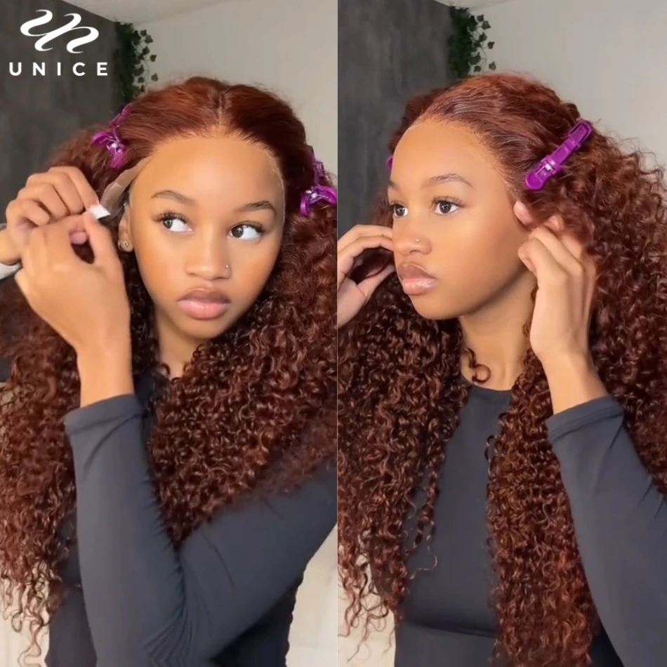 UNice Hair Reddish Brown Curly 13x4 Lace Front Wig Pre Cut Pre Bleached Pre Plucked Human Hair Lace Frontal Wig 150% Density