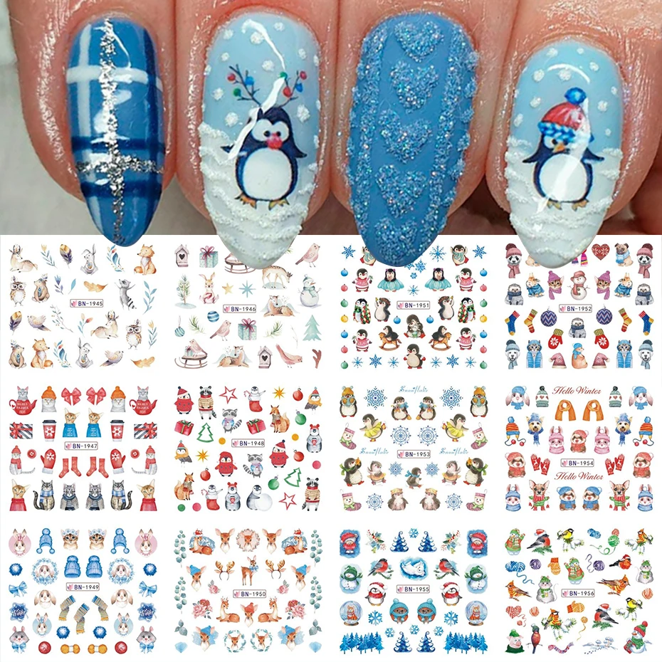 Cute Penguin Nails Stickers Snow Winter Animals Water Sliders Christmas Holiday Nail Art Decoration Supplies Decal BEBN1945-1956