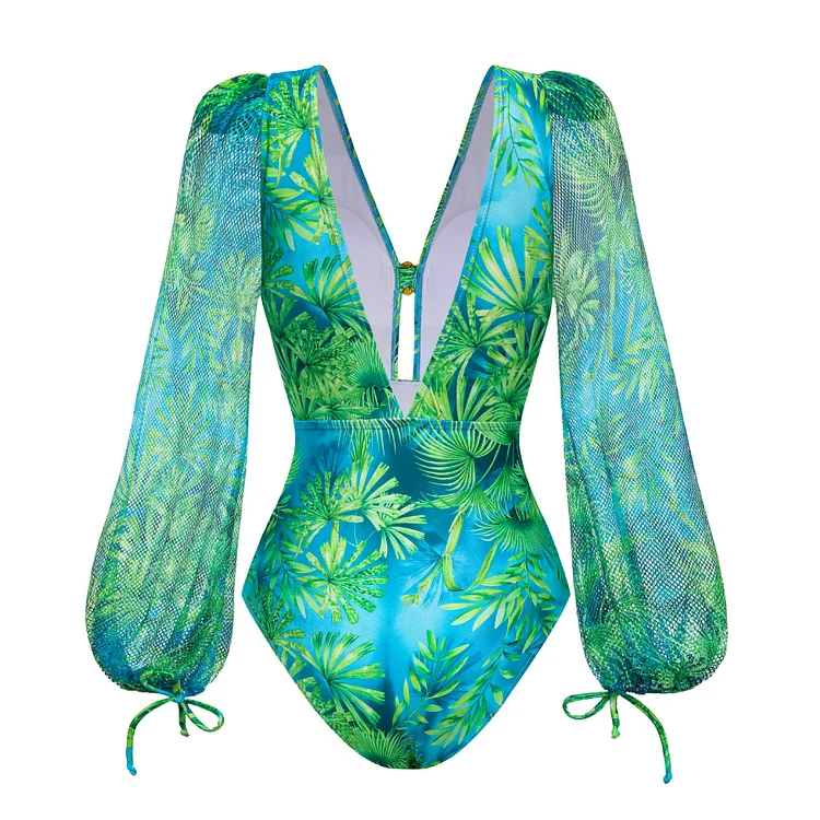 Maillot de bain une pièce imprimé vert jungle pour femme, manches longues, jupe sexy, col en V, maillots de bain vintage pour femme, maillots de bain trempés, été, 2025