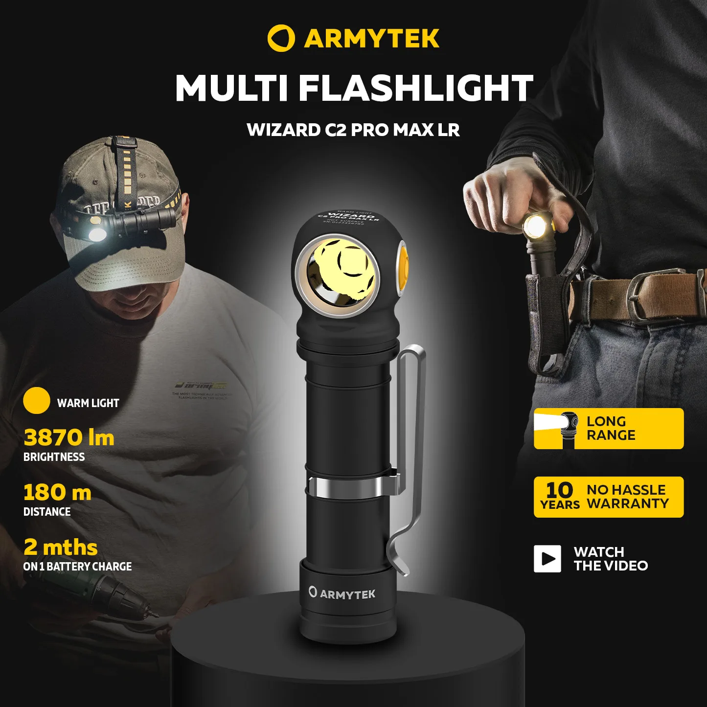 Armytek recarregável Multi lanterna, Farol de LED, Wizard C2 Pro Max LR, Long Range, 3 em 1, F06702C F06702W, Novo