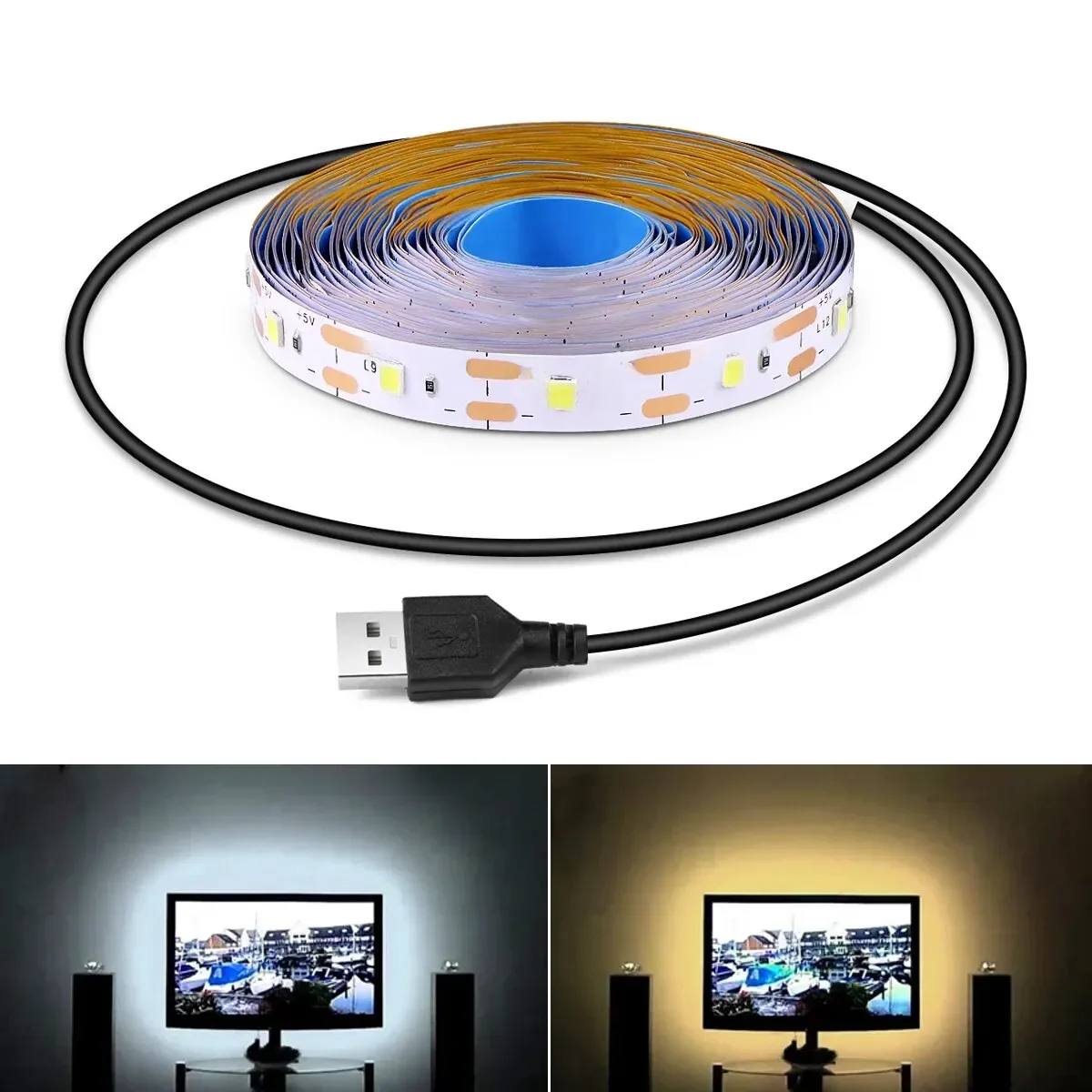USB Warm White LED Strip Light, TV Mirror Backlight, Iluminação Tape, Room Decor Lamp, Fita String,