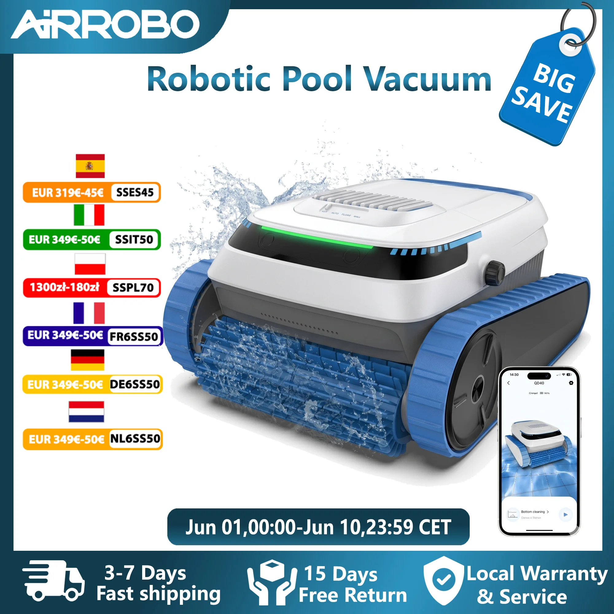 Robot nettoyeur de piscine intelligent AIRROBO PC20, contrôle à distance par application téléphonique, aspiration de 45000 Pa, stationnement automatique pour piscines jusqu'à 1800 pieds carrés.