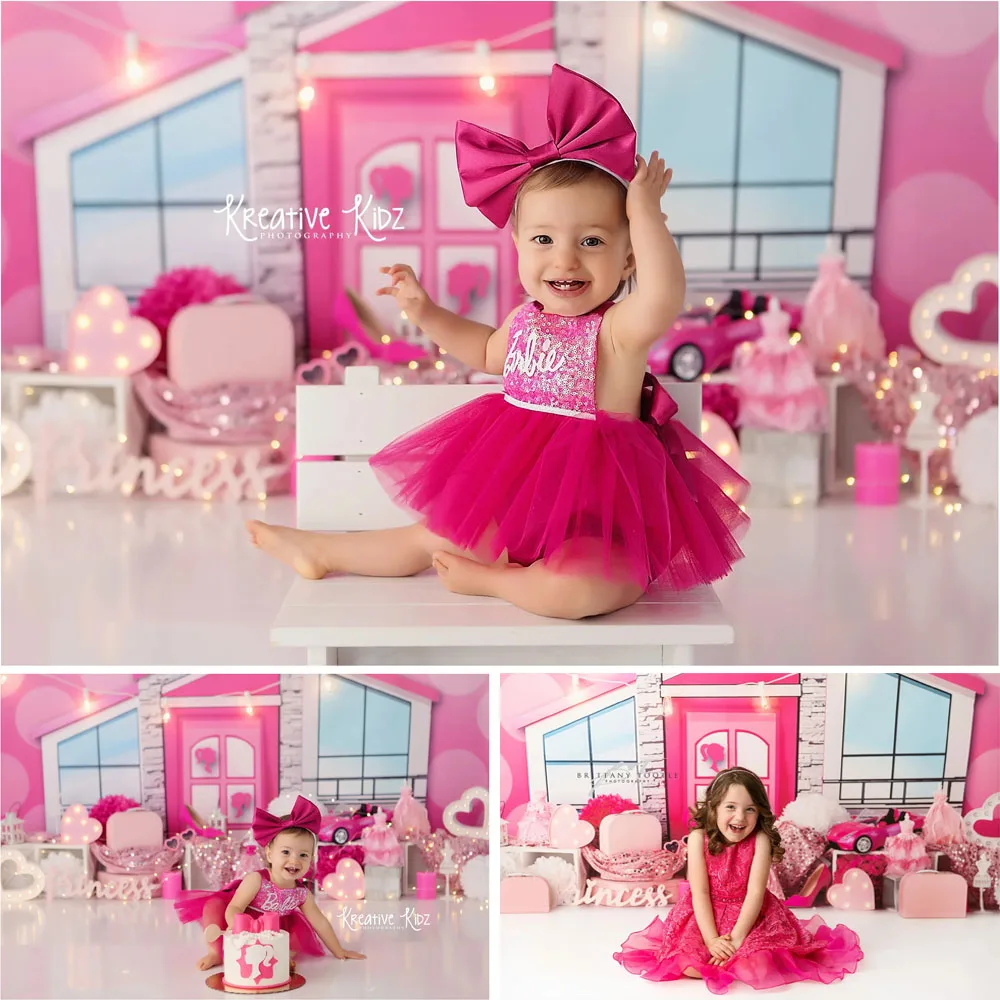 Pink Dreamhouse Photography Backdrops Make Up Princess Girl Portrait 1st Birthday Cake Smash Background Props Photo Studio Doll