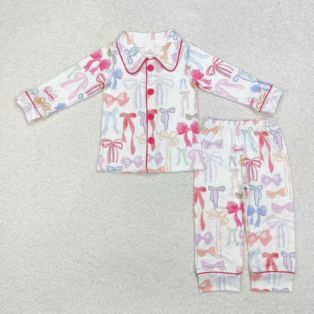 New Fashion Baby Girls White  Pajama Set With cColorful Bow Pattern Set Wholesale Boutique Kid Clothes Long Sleeve Pants Set