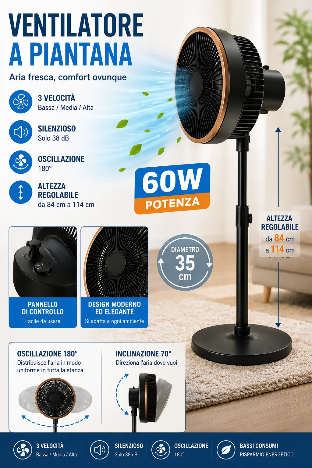 Ventilateur de sol Turbo 60W, diamètre 35 cm – 180 °   Oscillation et hauteur réglable (84–114 cm)