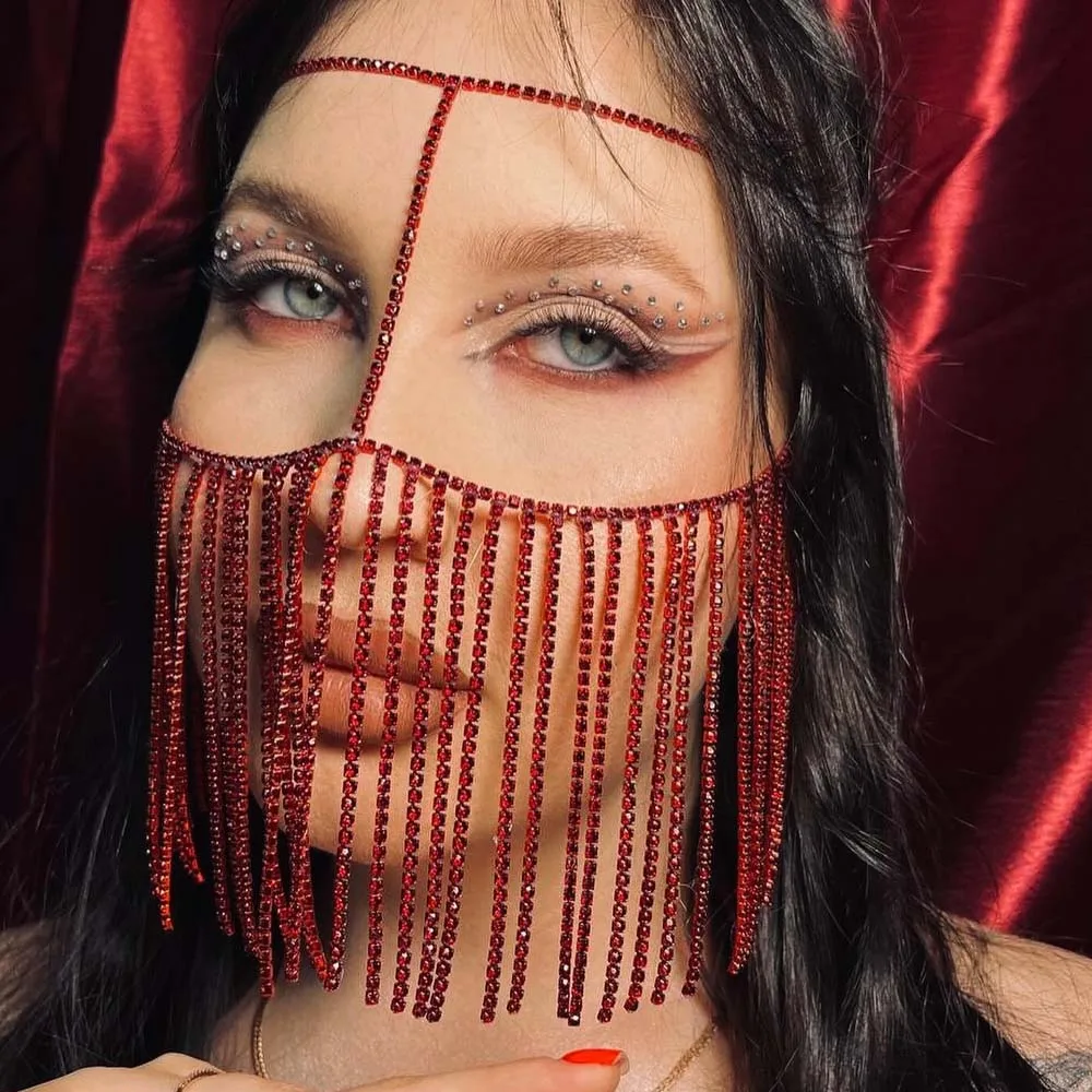 

Stonefans Full Red Tassel Mask for Women Headband Bridal Prom Masquerade Fashion 2025 Rhinestone Fringe Jewelry Festival Cosplay