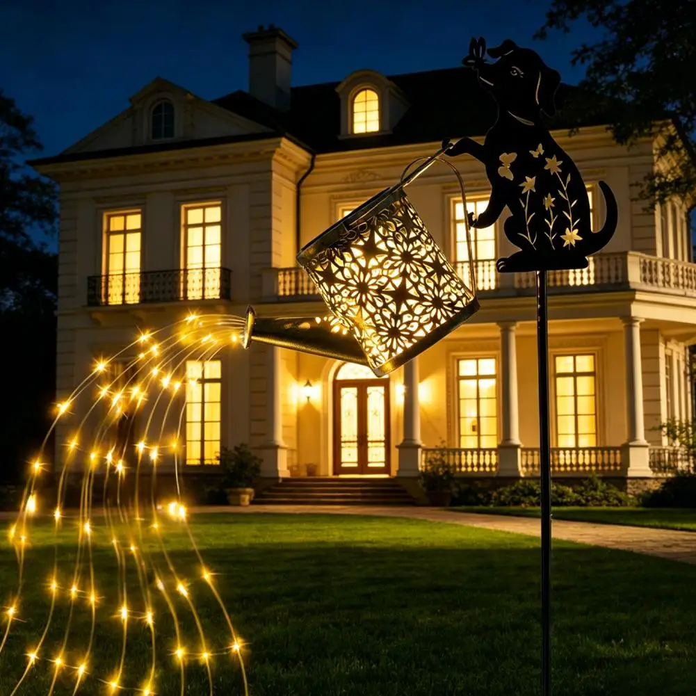 Dog Cat Silhouette Solar Ground Stake Light Watering Can Hollow Projection Waterproof Decor Lamp For Garden Yard Landscape