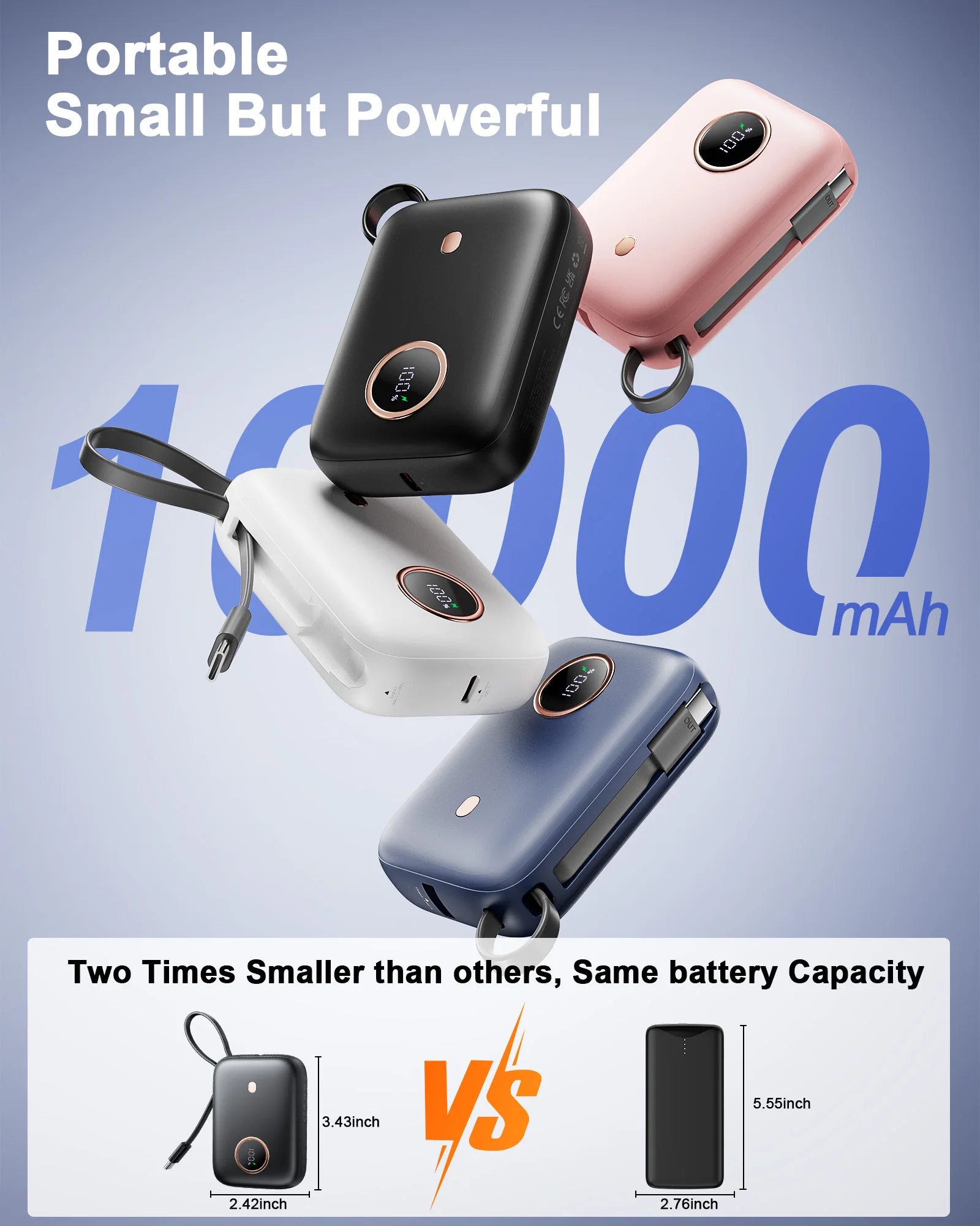 10000 mAh Mini-Powerbank, ultrakompaktes tragbares Ladegerät mit integriertem Kabel, 22,5 W Schnellladegerät für iPhone Samsung Android.