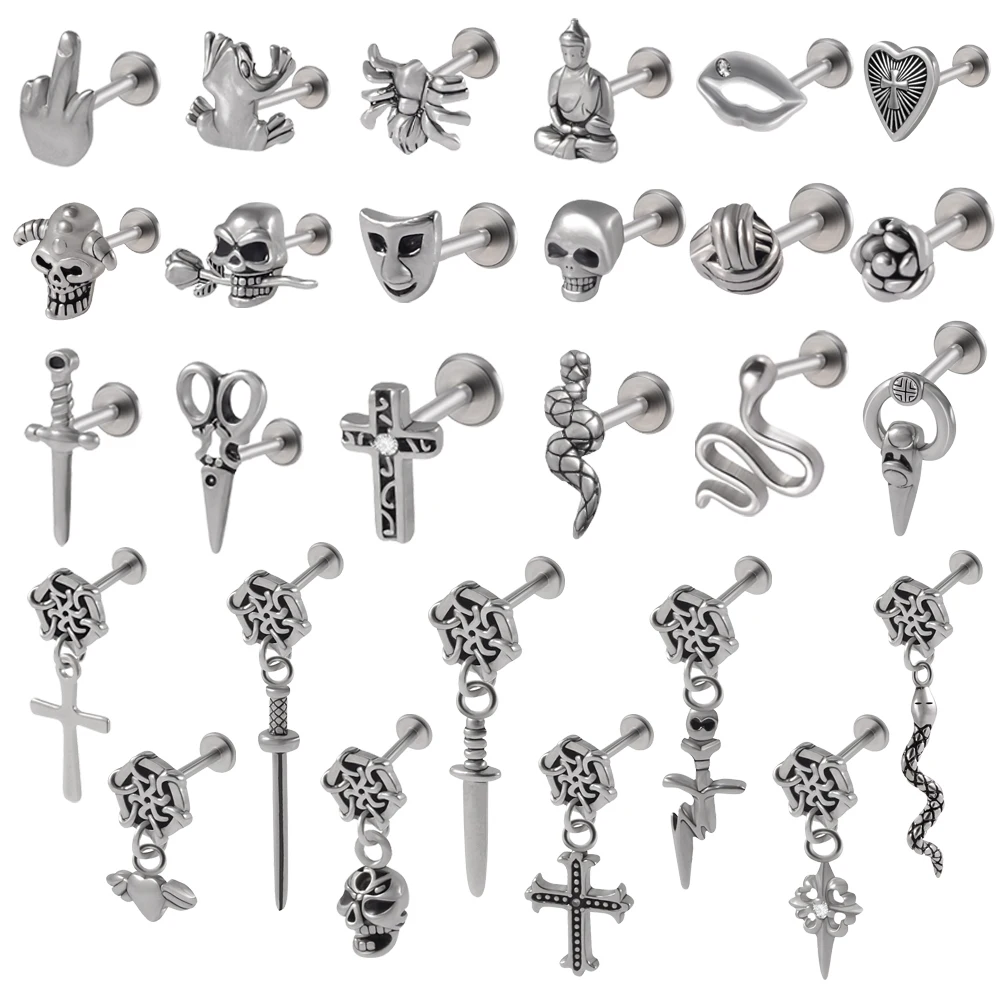 1PC 16g Surgical Steel Skull Ear Tragus Cartilage Piercing Punk Gothic Snake Dangle Labrets Lip Stud Sowrd Lobe Earrings Jewelry