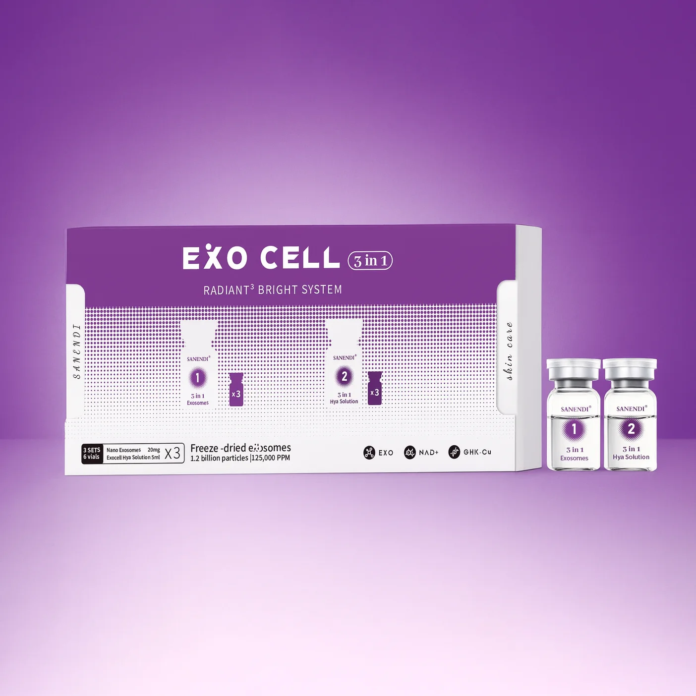3 in 1 EXO Cell NAD+ HA Solution Sanendi Skin Care System with GHK-Cu for facial hydration and refined comforting skin touch