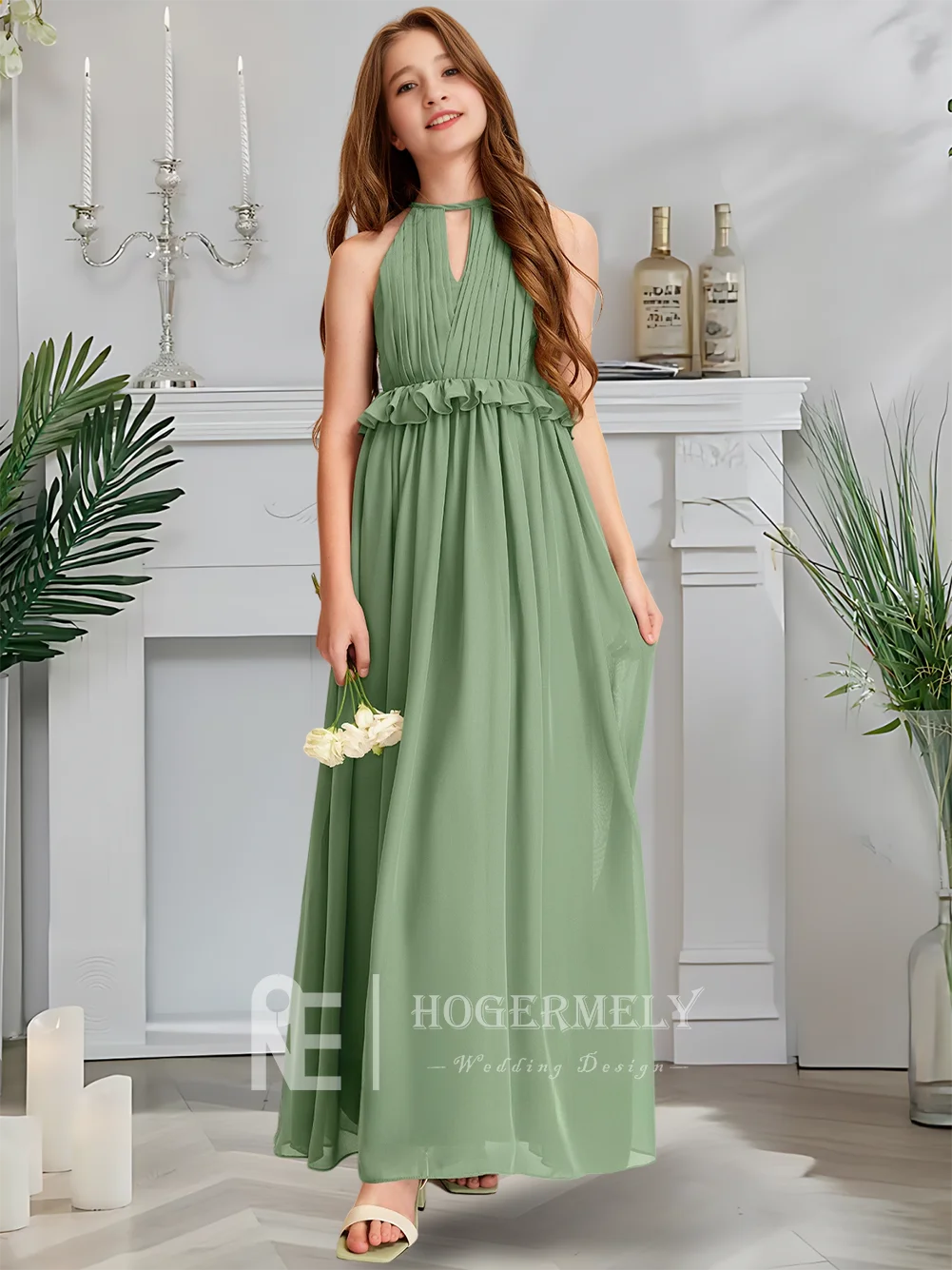 Luxuriöses Neckholder-Kleid für junge Brautjungfern, Wald-Basilikum-Blumenmädchenkleid, bodenlanges Chiffon-Hochzeitskleid mit kaskadierenden Rüschen