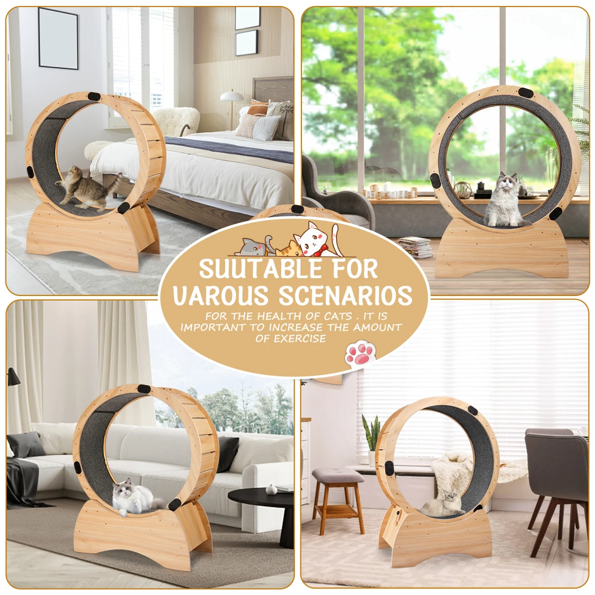 Cat Running Wheel Cat Treadmill Low Noise Exercise Fitness Roller Solid Wood Large Size Cat Climbing Frame Running Wheel Pet Toy