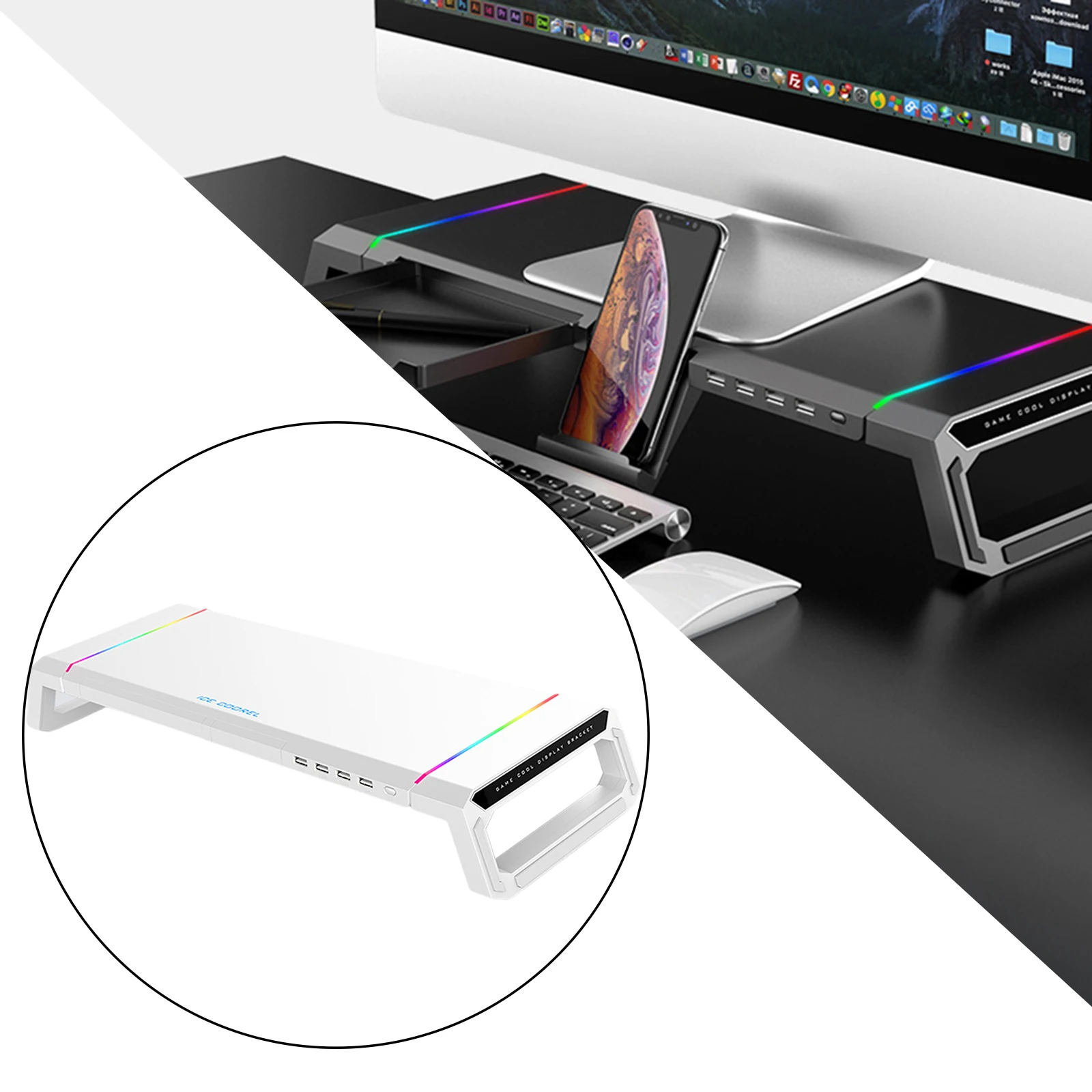 متعددة الوظائف قابلة للطي مضيئة شاشة كمبيوتر مكتبي حامل RGB 4 USB توسيع لعبة وحدة التحكم عرض الكمبيوتر حامل سطح المكتب #4