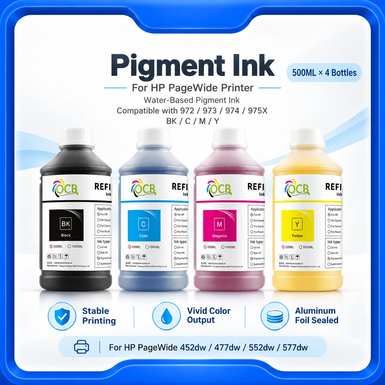 For HP PageWide Pigment Ink Refill Kit 500ML*4 BK C M Y Compatible 972 973 974 975X 452dw 477dw 552dw 577dw P55250dw P57750dw