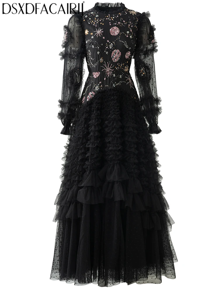 DSXDFACAIRIJ Women's Solid O-Neck Lantern Sleeve Beading Sequins Flounced edge Design Spring Summer Vintage Elegant Dresses
