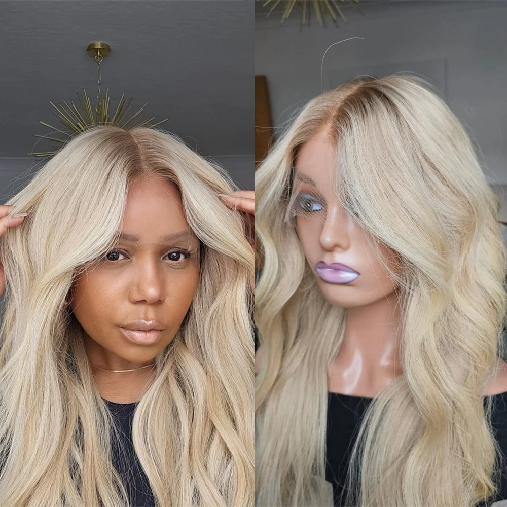 

24” Creamy Blonde Full Lace Wig with Light Roots Premium 100% Virgin Human Hair Wig 150 Density Lace Front Wig HD 13x6 Gluless