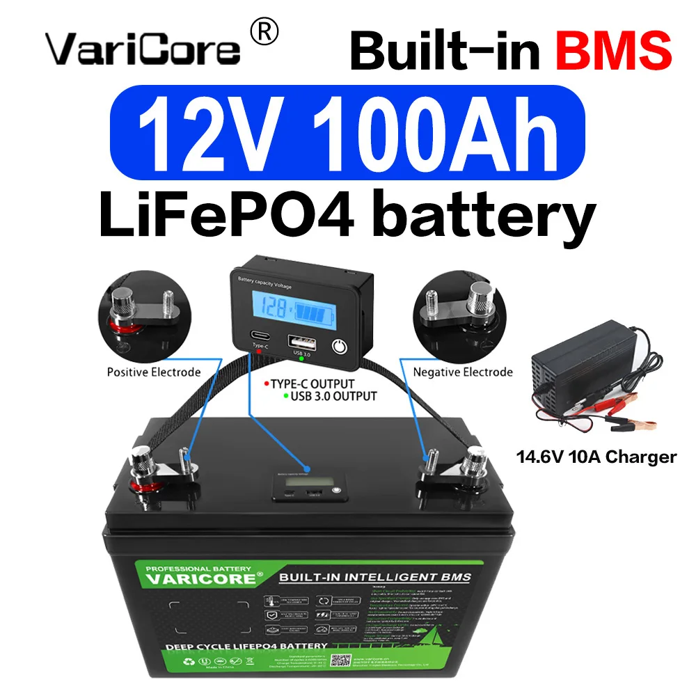 VariCore 12,8V 100Ah LiFePO4-batterij, Deep Cycle, ingebouwde intelligente BMS, LCD-display, voor camper, zonne-energie, maritiem gebruik, noodstroomvoorziening
