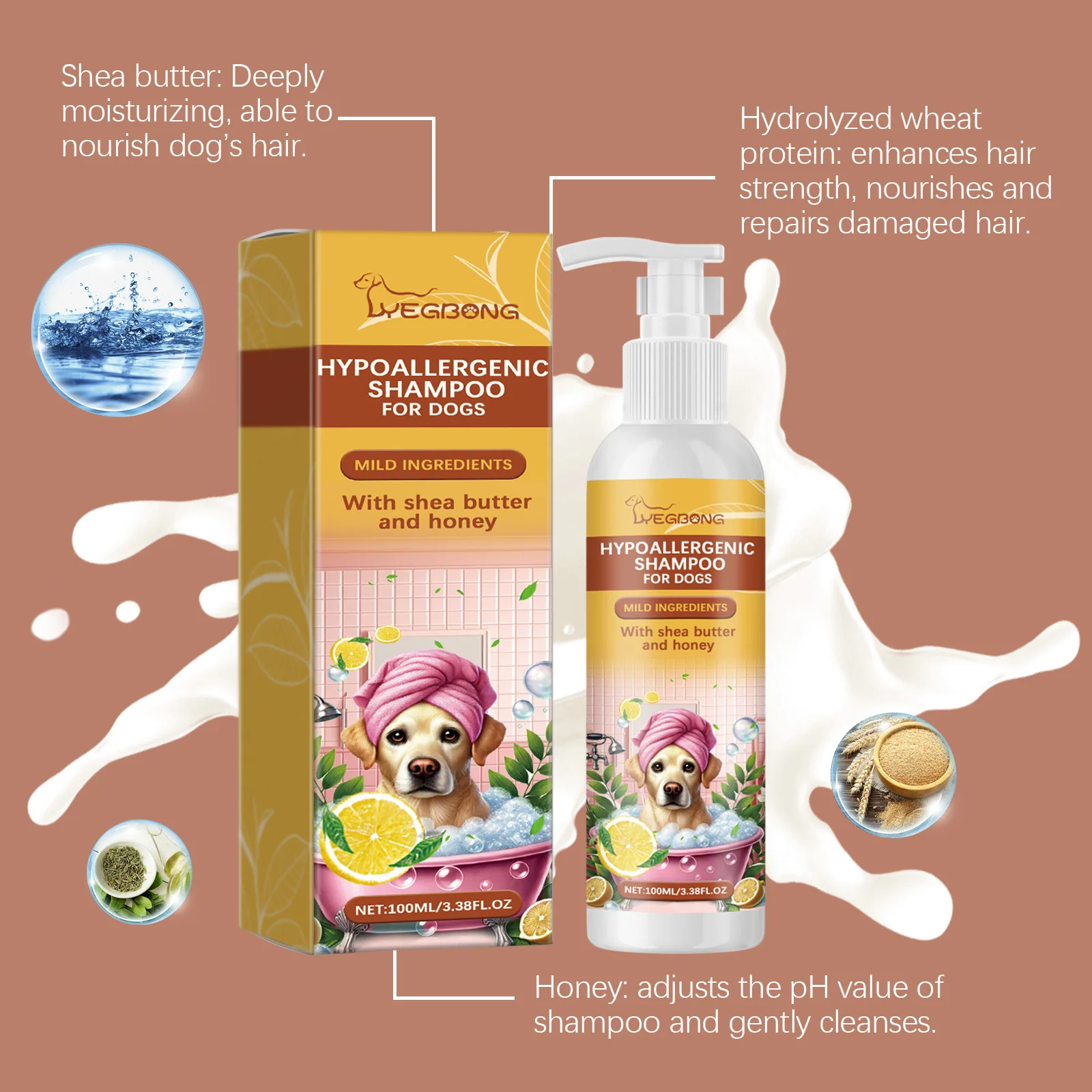 Yegbong 100 مللي شامبو للحيوانات الأليفة شامبو للكلاب حمام مضاد للحساسية غسل الشعر تليين حكة الجلد الإغاثة تغذي الفراء التطهير شامبو الكلب