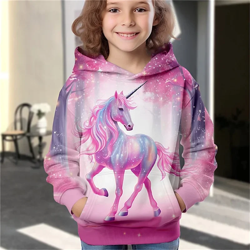 Girls 3D Unicorn Printed Hoodie Pullover Long Sleeve Spring Autumn Fashion Cute Kids Outdoor Casual Hooded Sweater