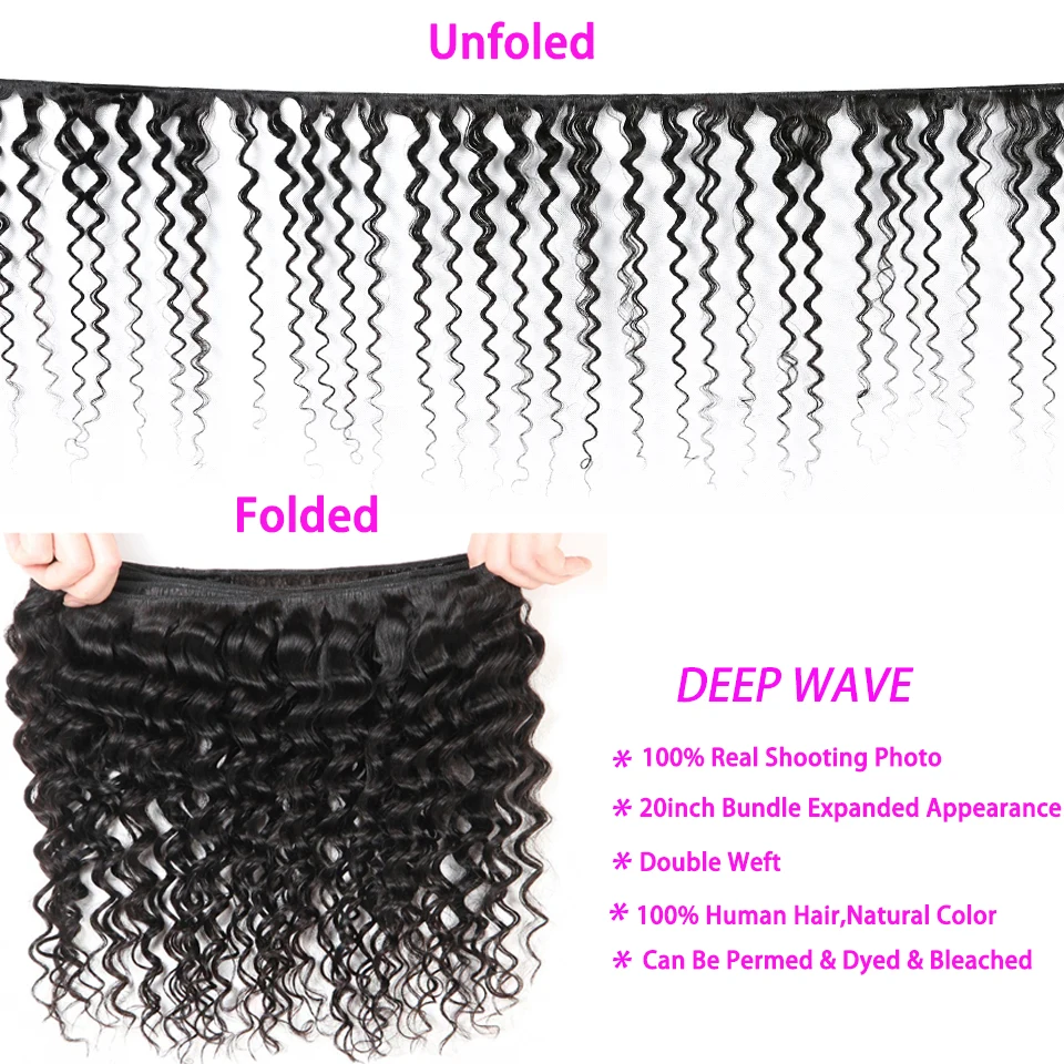 Yyong Hair 4 Bundle Deals Brazilian Deep Wave Hair Extensions 8-26 Inch Can Be Colored 100% Remy Human Hair Weave Natural Color