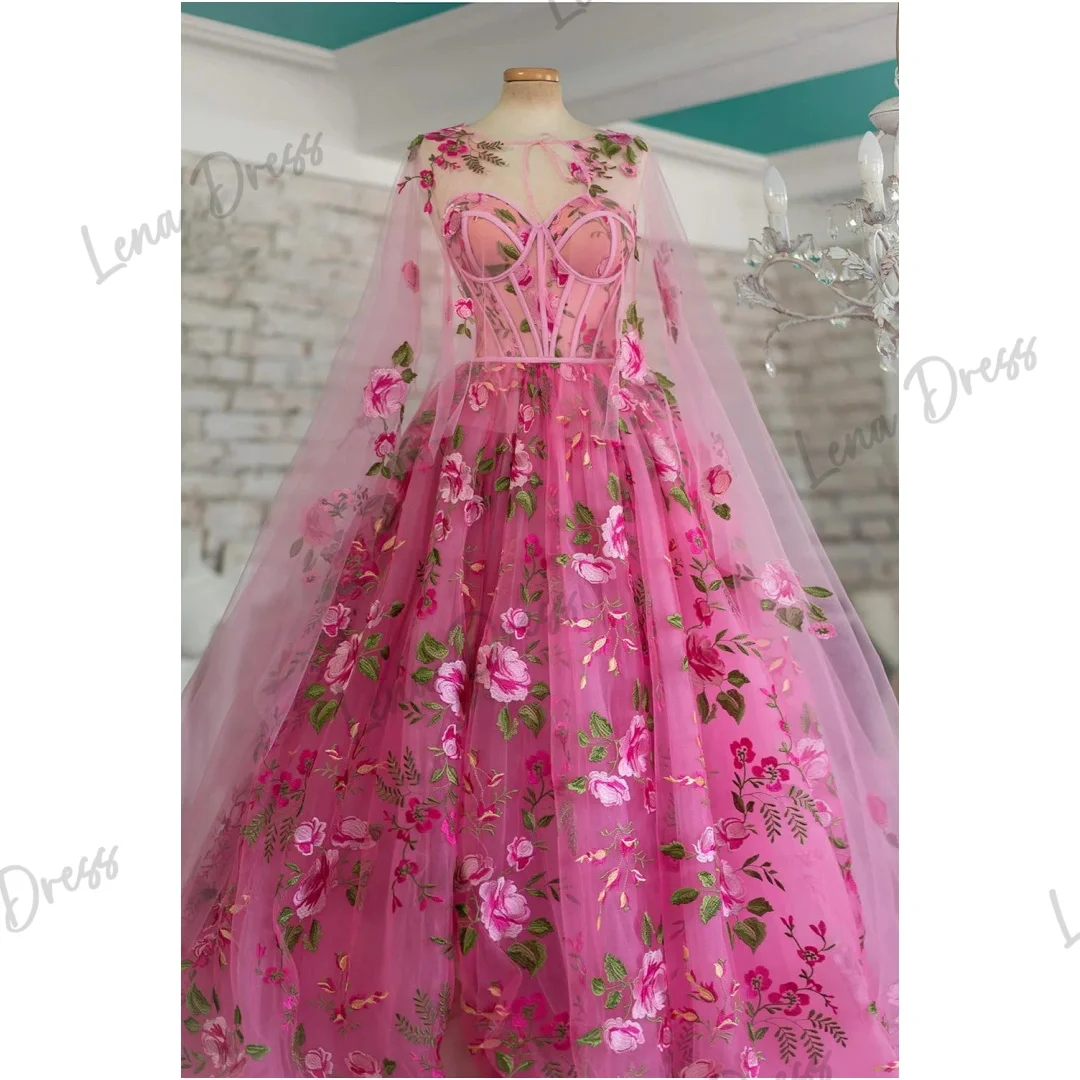 Line A Gala Dresses Woman 2024 for Party Dress Pink Lace Lena Flower Embroidery Elegant Luxury Evening Dress 2024 Dubai Gauze