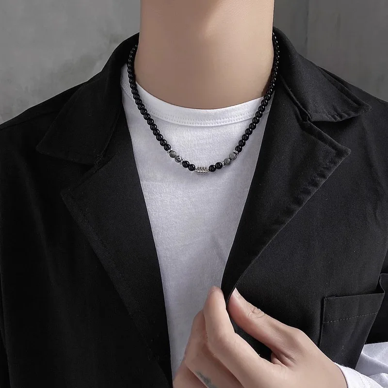 

Men’s Black Beaded Choker Necklace – Minimalist Tiger Eye Stone with CZ Charm