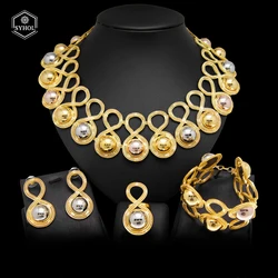 Nigerian Women Wedding Necklace Jewelry Set Two Tone Plating 24K Brazilian Gold Plated Style For Festive Banquet Occasions SYHOL