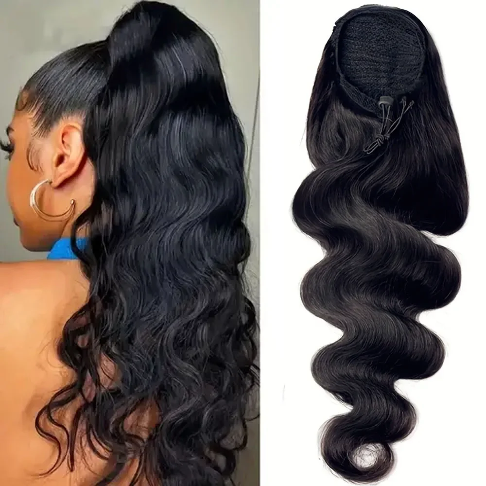Body Wave Trekkoord Paardenstaart Extensions van echt haar 100% echt menselijk haar Braziliaanse Remy Clip-in voor dames Paardenstaart Natuurlijke kleur - afbeelding 2
