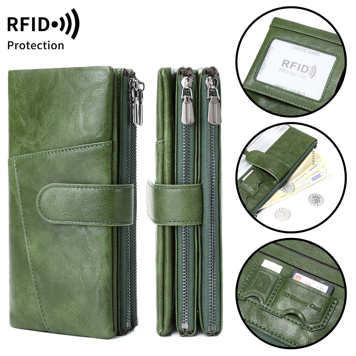 RFID Shielded Women's Wallet Business Retro Long Clutch Simple and Stylish Multi Card Slot Double Zipper Card Holder